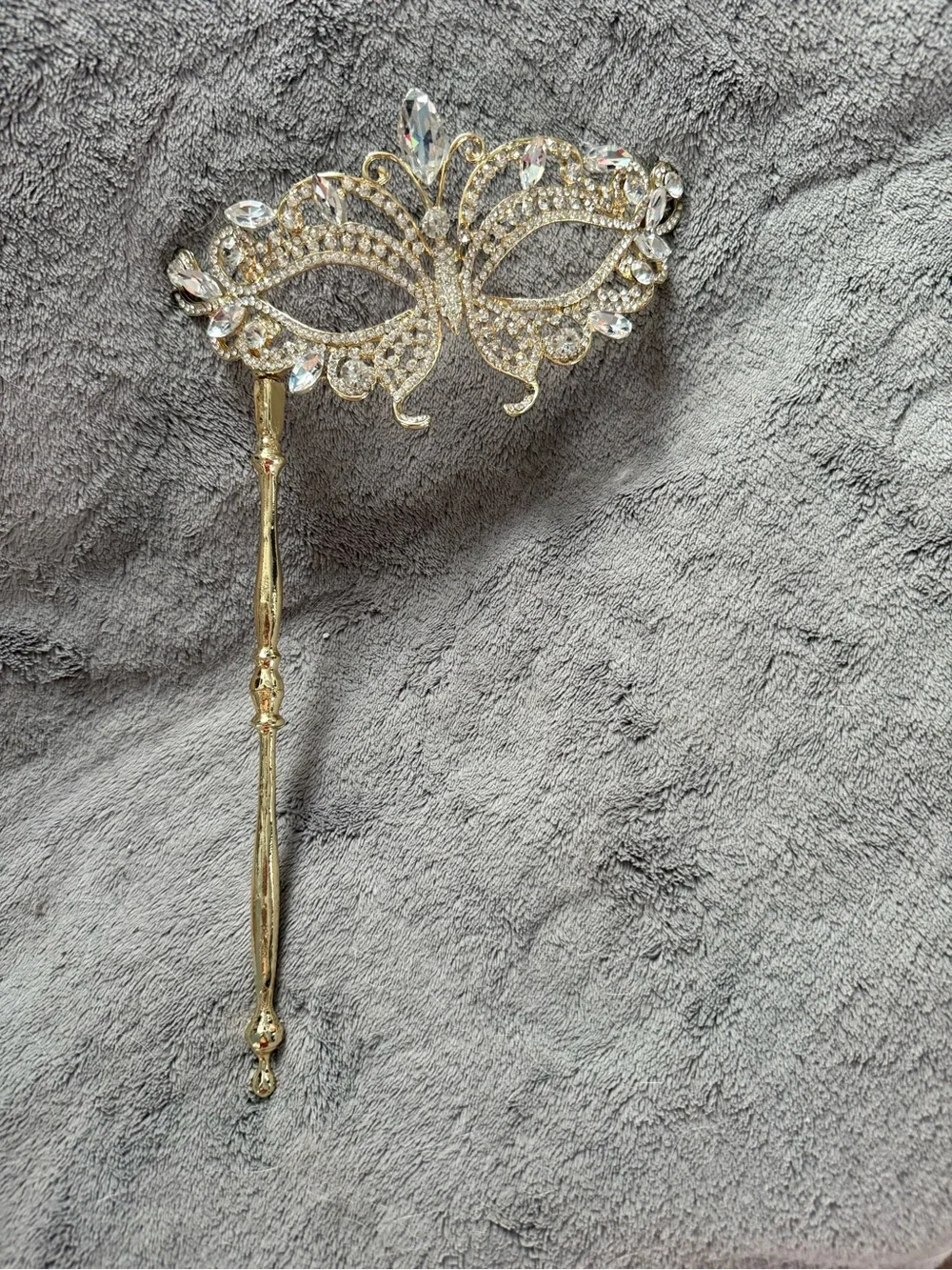 Gold Jeweled Butterfly Handheld Masquerade Mask